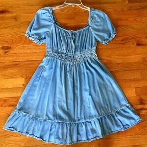 She & Sky sz L Denim DRESS Short Sleeves Knee Length Scoop Neck Peasant Boho EXC